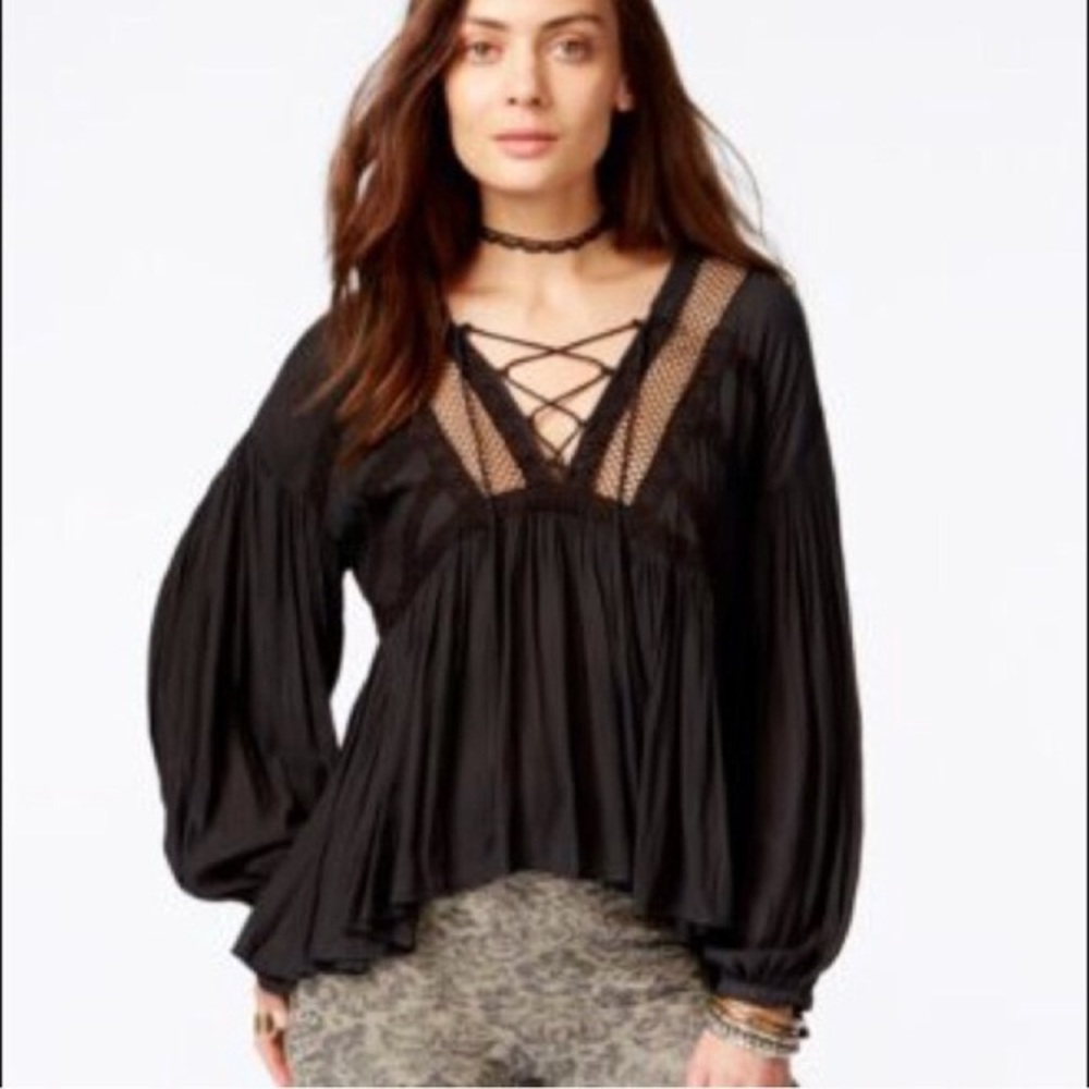 Free People Black Lace Up Balloon Sleeve Tunic